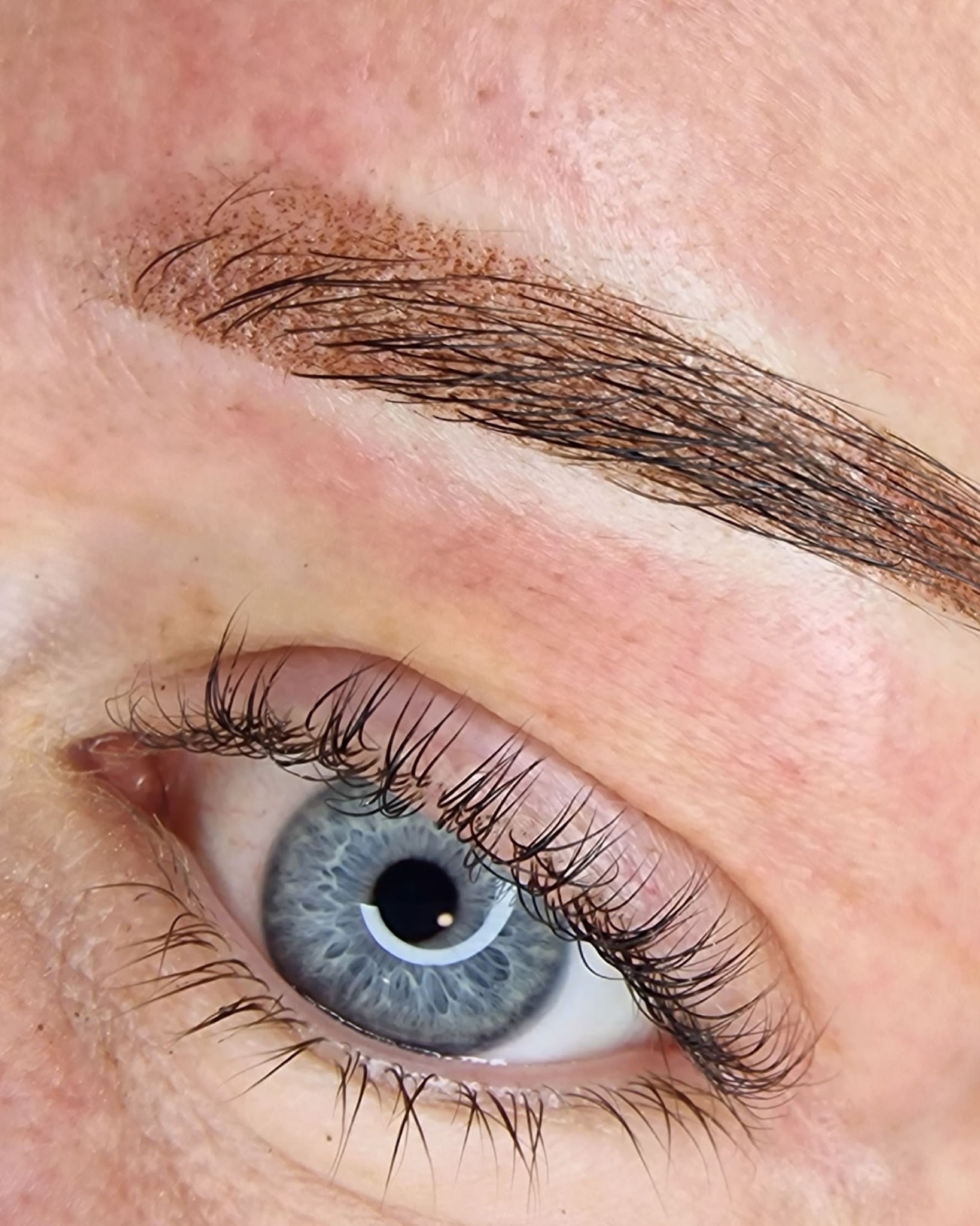 Close-up van zachte powderbrows en gelifte wimpers